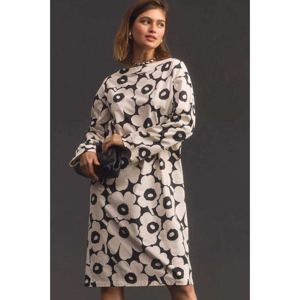 NWT marimekko Piata in Black White Unikko Floral Cotton Jersey Midi Dress M